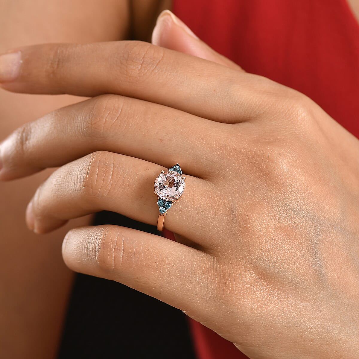 Certified & Appraised AAA Pink Morganite and Luxuriant Lab Grown Blue Diamond G-H SI 2.60 ctw Ring in 10K Rose Gold (Size 6.0) image number 2