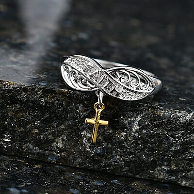 D'Joy Eternal Faith Ring in 18K Vermeil YG and Rhodium Over Sterling Silver (Size 5.0) 2.80 Grams