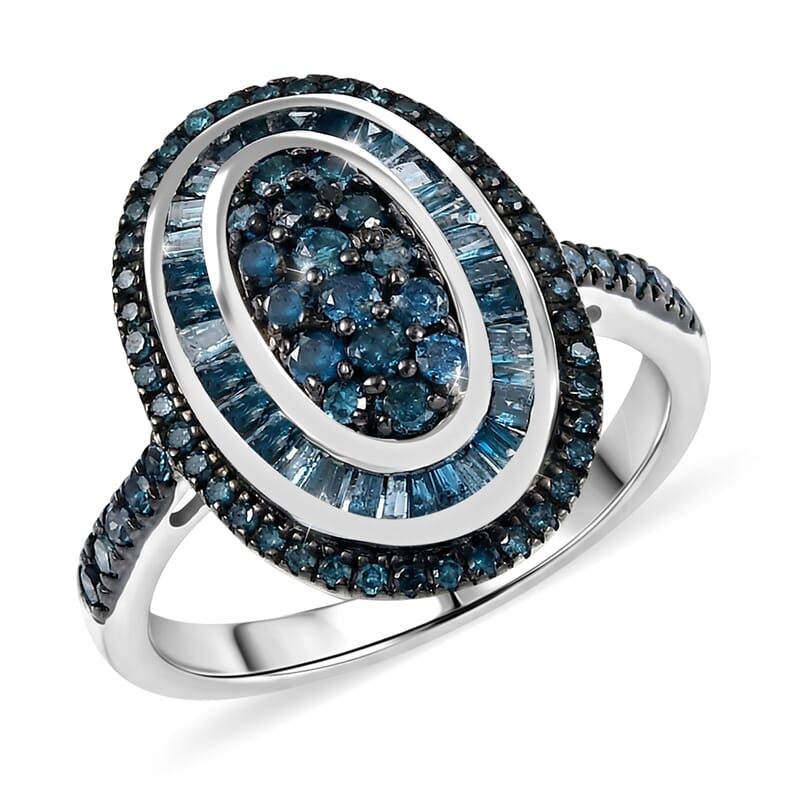 D'Joy Blue Diamond 1.00 ctw Royal Sunburst Ring in Rhodium Over Sterling Silver (Size 10.0)