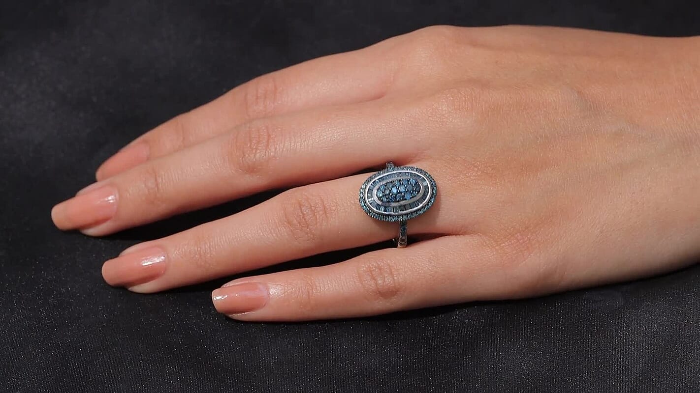 TLV D'Joy Blue Diamond (IR) Ring in Rhodium Over Sterling Silver (Size 10.0) 1.00 ctw