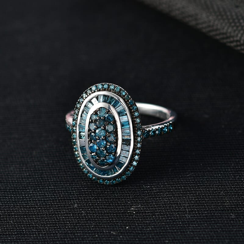 D'Joy Blue Diamond 1.00 ctw Royal Sunburst Ring in Rhodium Over Sterling Silver (Size 10.0)
