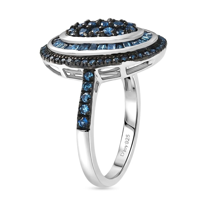 D'Joy Blue Diamond 1.00 ctw Royal Sunburst Ring in Rhodium Over Sterling Silver (Size 10.0)