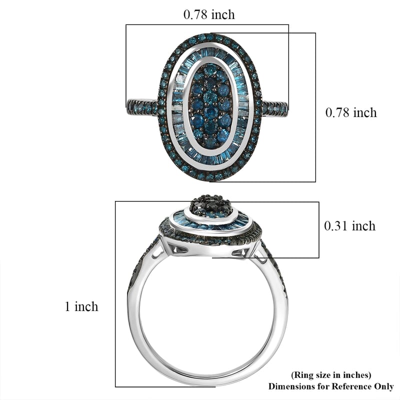 D'Joy Blue Diamond 1.00 ctw Royal Sunburst Ring in Rhodium Over Sterling Silver (Size 10.0)
