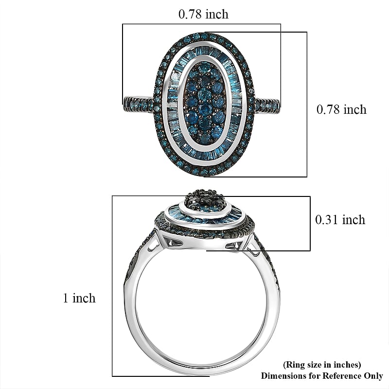 D'Joy Blue Diamond 1.00 ctw Royal Sunburst Ring in Rhodium Over Sterling Silver (Size 10.0)