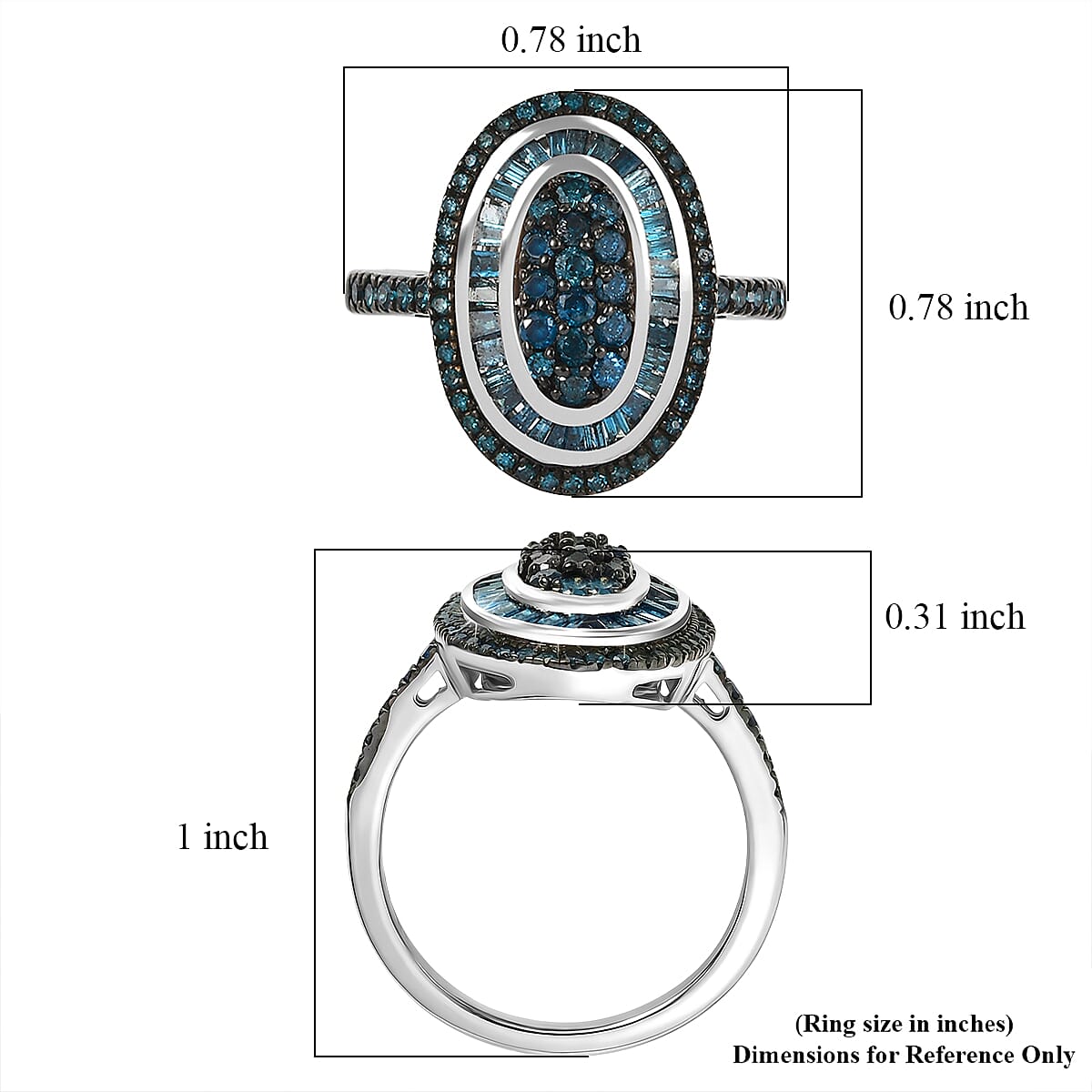D'Joy Blue Diamond 1.00 ctw Royal Sunburst Ring in Rhodium Over Sterling Silver (Size 7.0)