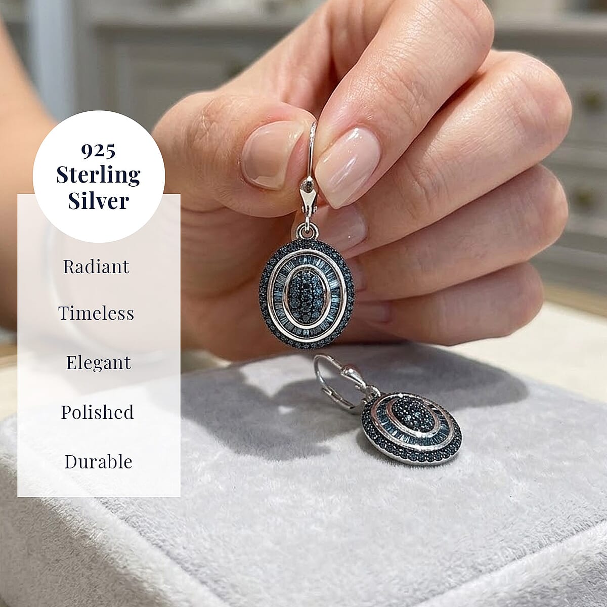 D'Joy Blue Diamond 1.00 ctw Royal Sunburst Earrings in Rhodium Over Sterling Silver image number 4