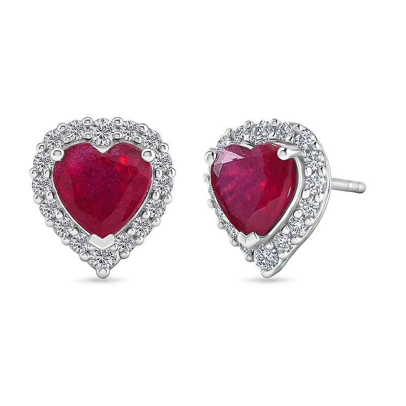 D'Joy Premium Niassa Ruby (FF) and Moissanite 4.00 ctw Stud Earrings in Rhodium Over Sterling Silver