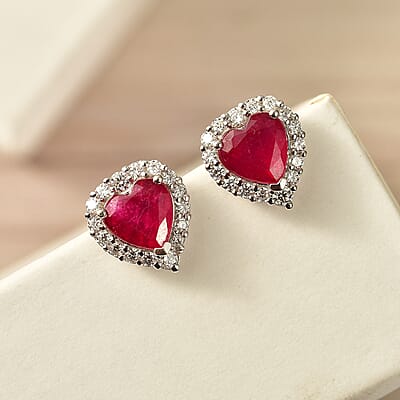 D'Joy Premium Niassa Ruby (FF) and Moissanite 4.00 ctw Stud Earrings in Rhodium Over Sterling Silver