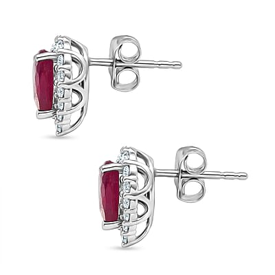 D'Joy Premium Niassa Ruby (FF) and Moissanite 4.00 ctw Stud Earrings in Rhodium Over Sterling Silver
