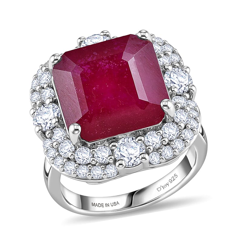 Certified & Appraised D'Joy Asscher Cut Niassa Ruby (FF) and Moissanite 13.00 ctw Ring in Rhodium Over Sterling Silver (Size 10.0)
