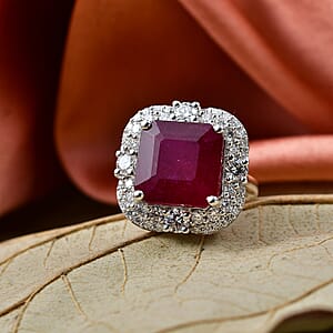 Certified & Appraised D'Joy Asscher Cut Niassa Ruby (FF) and Moissanite 13.00 ctw Ring in Rhodium Over Sterling Silver (Size 10.0)