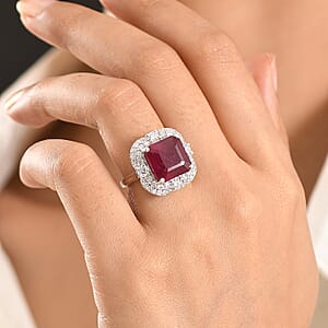 Certified & Appraised D'Joy Asscher Cut Niassa Ruby (FF) and Moissanite 13.00 ctw Ring in Rhodium Over Sterling Silver (Size 10.0)