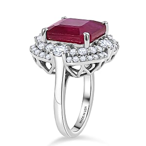 Certified & Appraised D'Joy Asscher Cut Niassa Ruby (FF) and Moissanite 13.00 ctw Ring in Rhodium Over Sterling Silver (Size 10.0)