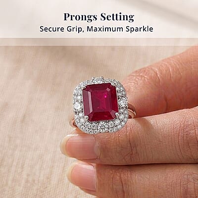 Certified & Appraised D'Joy Asscher Cut Niassa Ruby (FF) and Moissanite 13.00 ctw Ring in Rhodium Over Sterling Silver (Size 10.0)