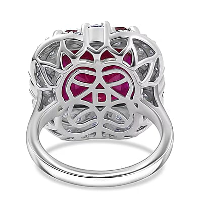 Certified & Appraised D'Joy Asscher Cut Niassa Ruby (FF) and Moissanite 13.00 ctw Ring in Rhodium Over Sterling Silver (Size 10.0)