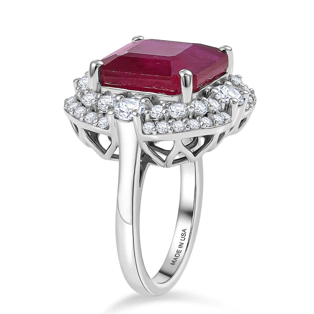 Certified & Appraised D'Joy Asscher Cut Niassa Ruby (FF) and Moissanite 13.00 ctw Ring in Rhodium Over Sterling Silver (Size 6.0) image number 3
