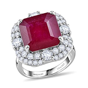 Certified & Appraised D'Joy Asscher Cut Niassa Ruby (FF) and Moissanite 13.00 ctw Ring in Rhodium Over Sterling Silver (Size 6.0)