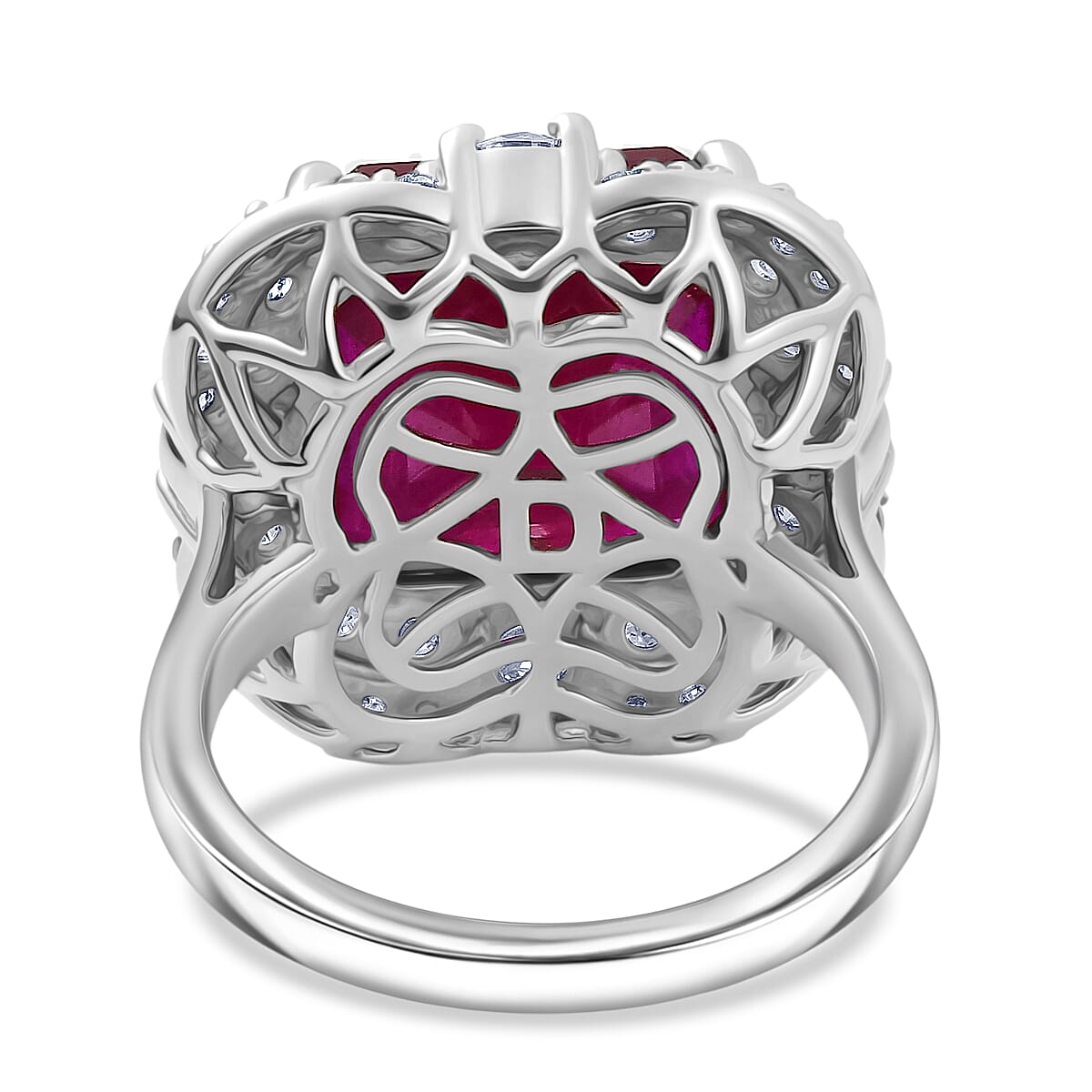 Certified & Appraised D'Joy Asscher Cut Niassa Ruby (FF) and Moissanite 13.00 ctw Ring in Rhodium Over Sterling Silver (Size 6.0) image number 4