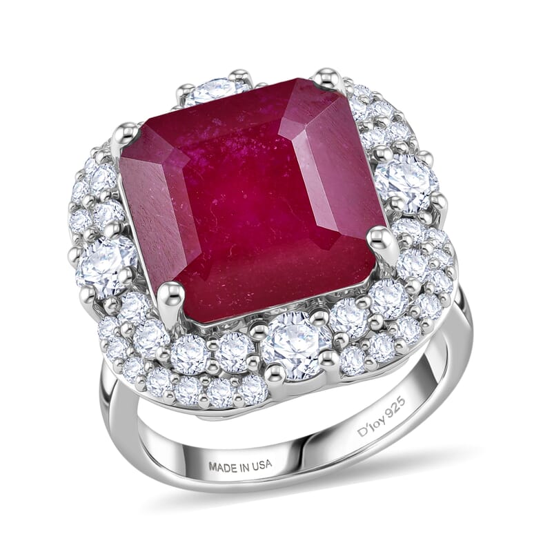 Certified & Appraised D'Joy Asscher Cut Niassa Ruby (FF) and Moissanite 13.00 ctw Ring in Rhodium Over Sterling Silver (Size 9.0)