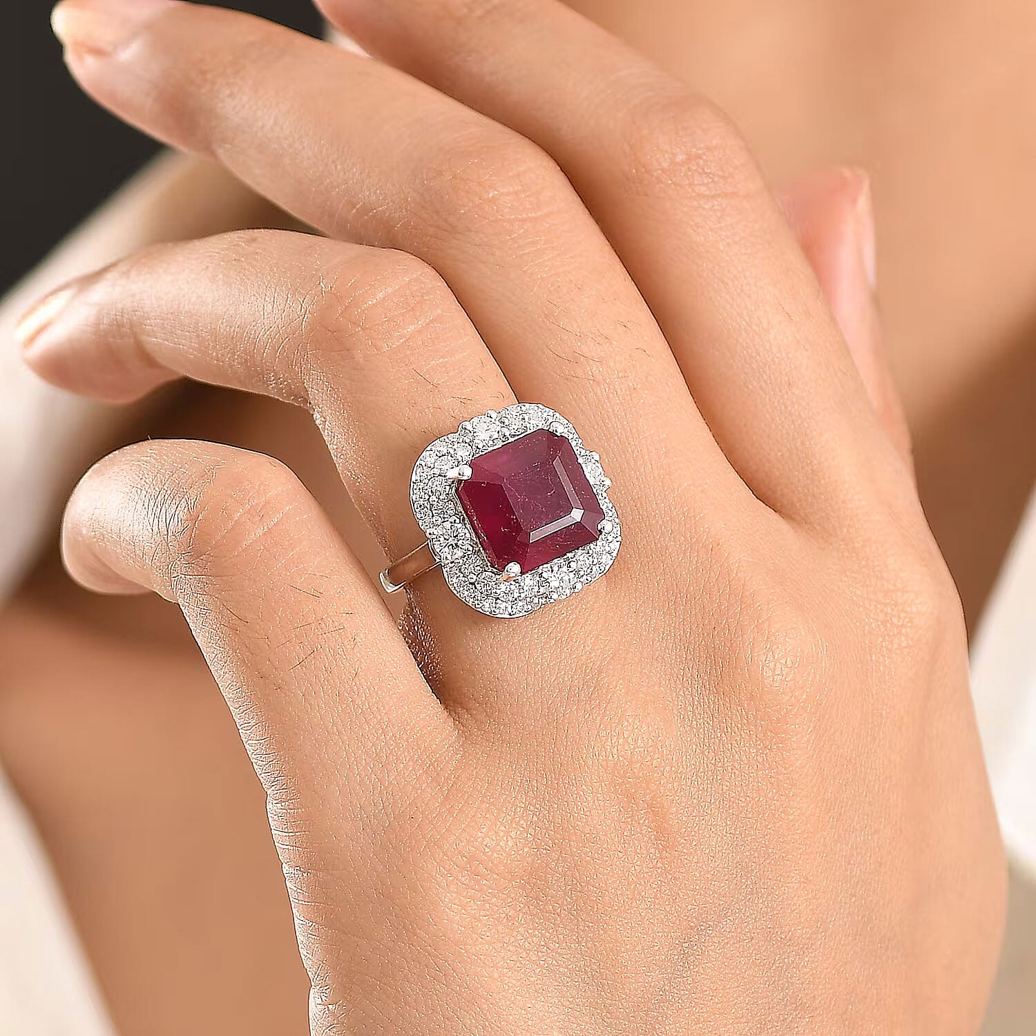 Certified & Appraised D'Joy Asscher Cut Niassa Ruby (FF) and Moissanite 13.00 ctw Ring in Rhodium Over Sterling Silver (Size 9.0)