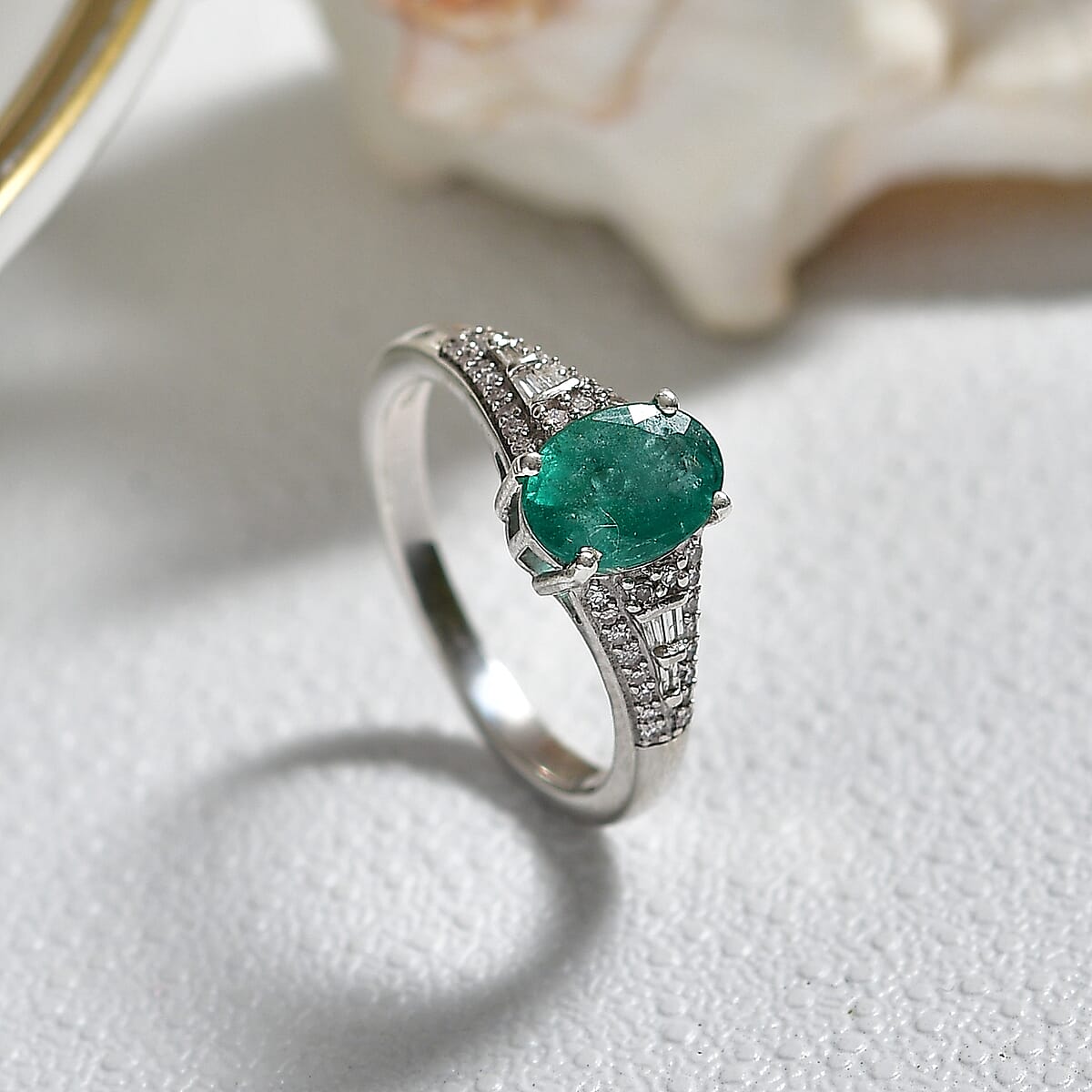 D'Joy Premium Kagem Zambian Emerald, Diamond Ring in Rhodium Over Sterling Silver (Size 10.0) 1.30 ctw image number 1