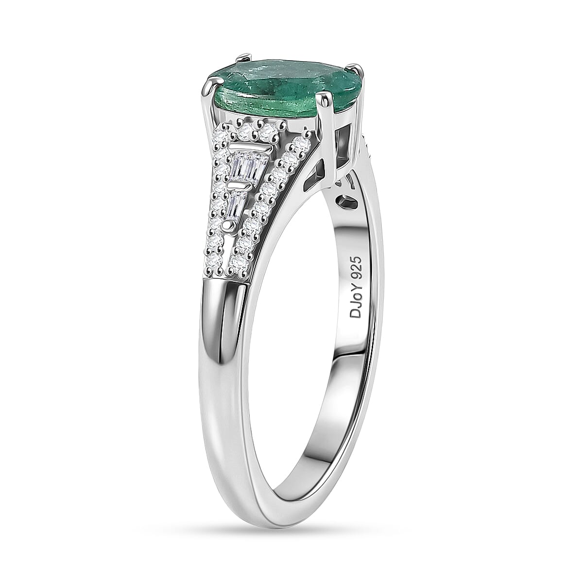 D'Joy Premium Kagem Zambian Emerald, Diamond Architectural Grace Ring in Rhodium Over Sterling Silver (Size 6.0) 1.30 ctw image number 3