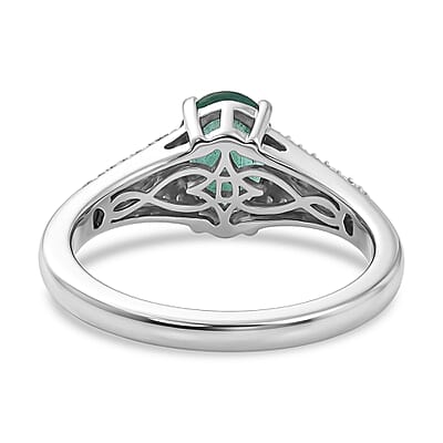 D'Joy Premium Kagem Zambian Emerald, Diamond Architectural Grace Ring in Rhodium Over Sterling Silver (Size 6.0) 1.30 ctw