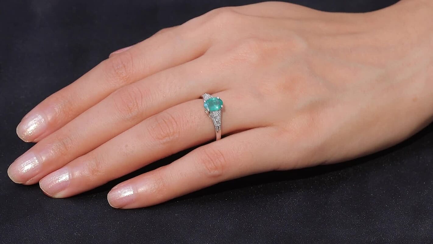 D'Joy Premium Kagem Zambian Emerald, Diamond Ring in Rhodium Over Sterling Silver (Size 10.0) 1.30 ctw