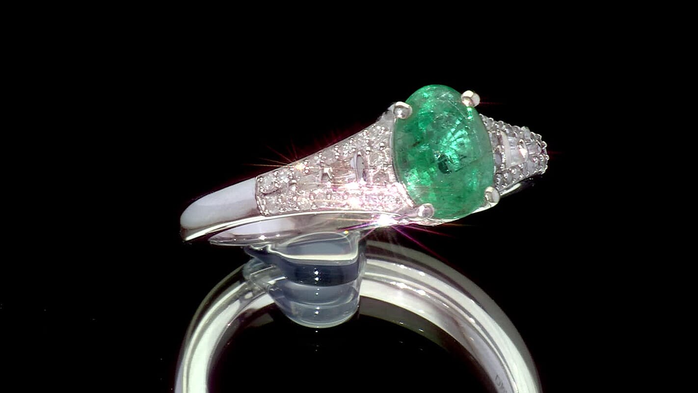 D'Joy Premium Kagem Zambian Emerald, Diamond Ring in Rhodium Over Sterling Silver (Size 10.0) 1.30 ctw