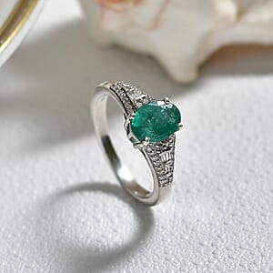 D'Joy Premium Kagem Zambian Emerald, Diamond Architectural Grace Ring in Rhodium Over Sterling Silver (Size 9.0) 1.30 ctw