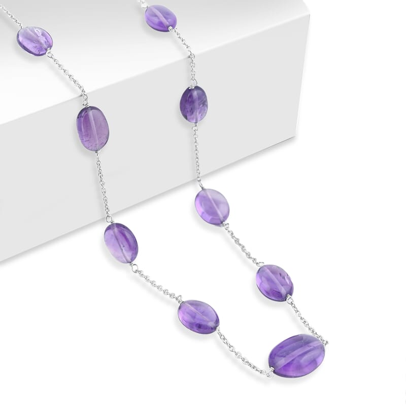 D'Joy African Amethyst 50.00 ctw Beaded Necklace in Rhodium Over Sterling Silver (24 Inches)