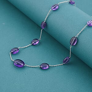 D'Joy African Amethyst 50.00 ctw Beaded Necklace in Rhodium Over Sterling Silver (24 Inches)