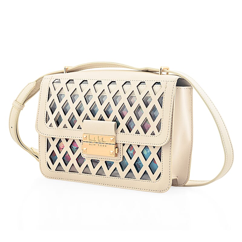 Closeout Nicole Miller Ivory Faux Leather Crosshatch Boxed Crossbody Bag
