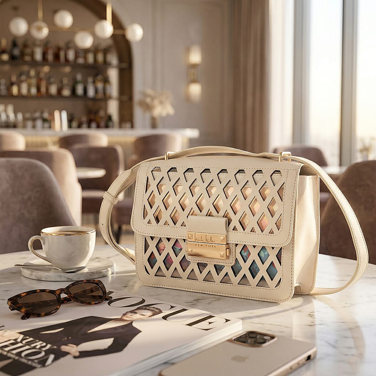 Closeout Nicole Miller Ivory Faux Leather Crosshatch Boxed Crossbody Bag image number 1