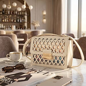 Closeout Nicole Miller Ivory Faux Leather Crosshatch Boxed Crossbody Bag