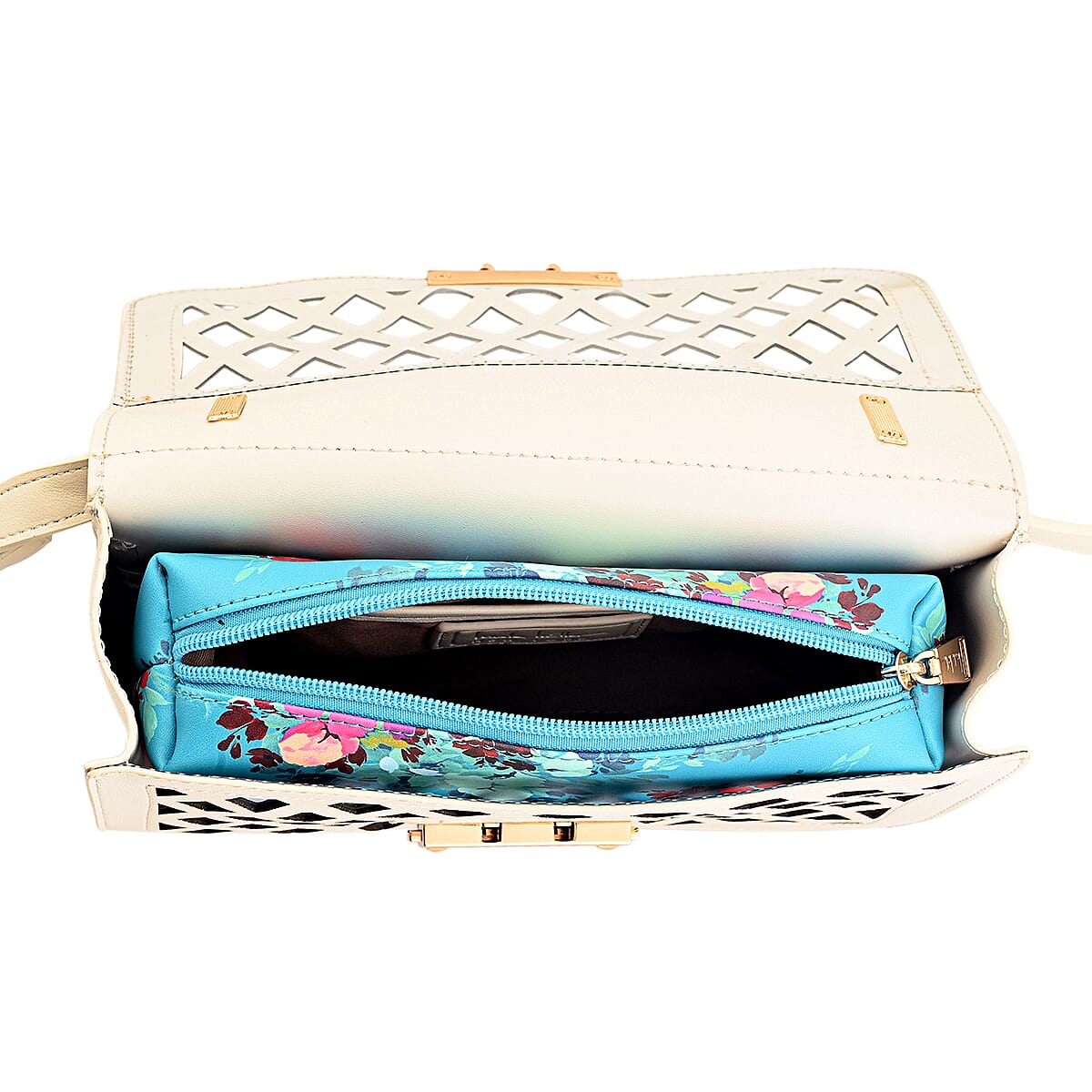 Closeout Nicole Miller Ivory Faux Leather Crosshatch Boxed Crossbody Bag image number 4