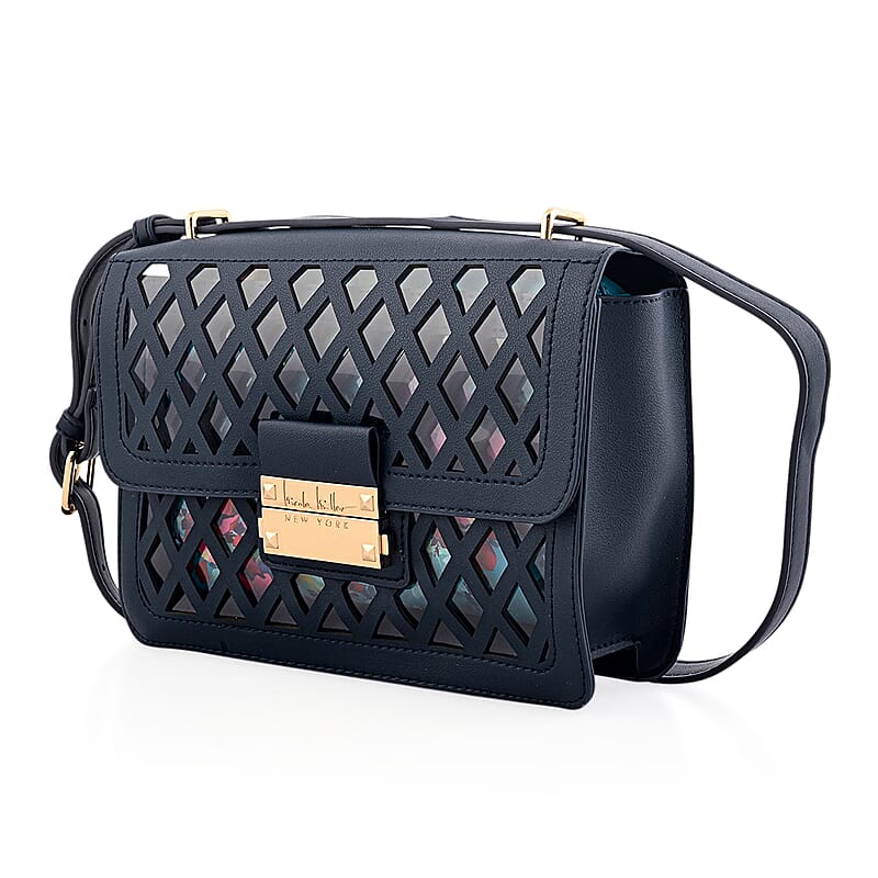 Closeout Nicole Miller Blue Faux Leather Crosshatch Boxed Crossbody Bag