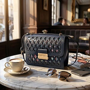 Closeout Nicole Miller Blue Faux Leather Crosshatch Boxed Crossbody Bag