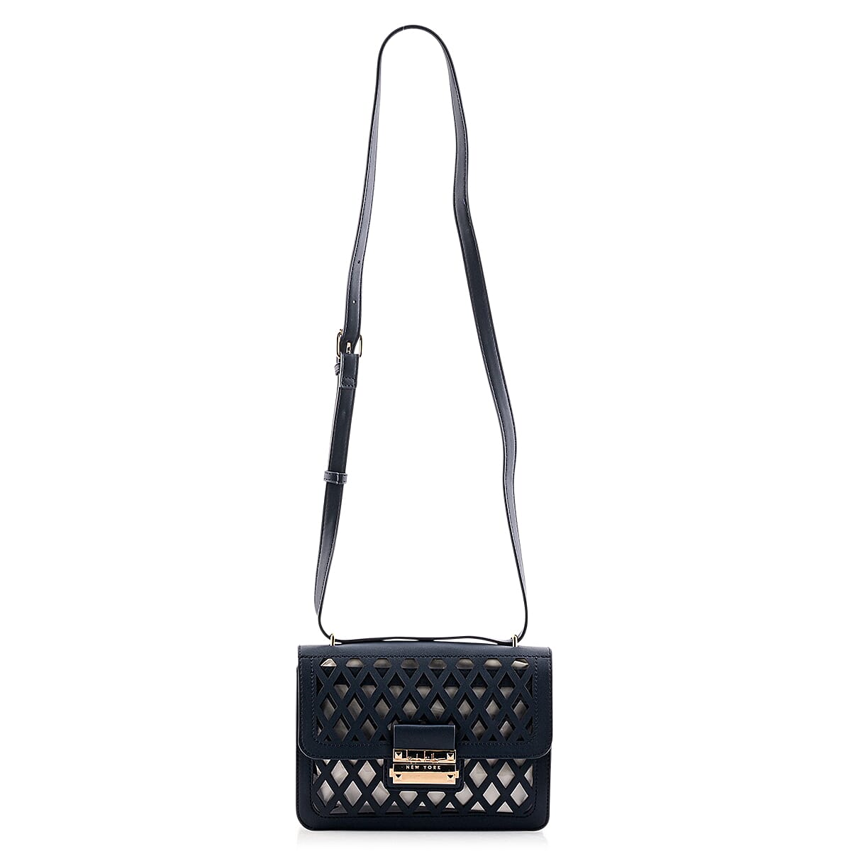 Closeout Nicole Miller Blue Faux Leather Crosshatch Boxed Crossbody Bag
