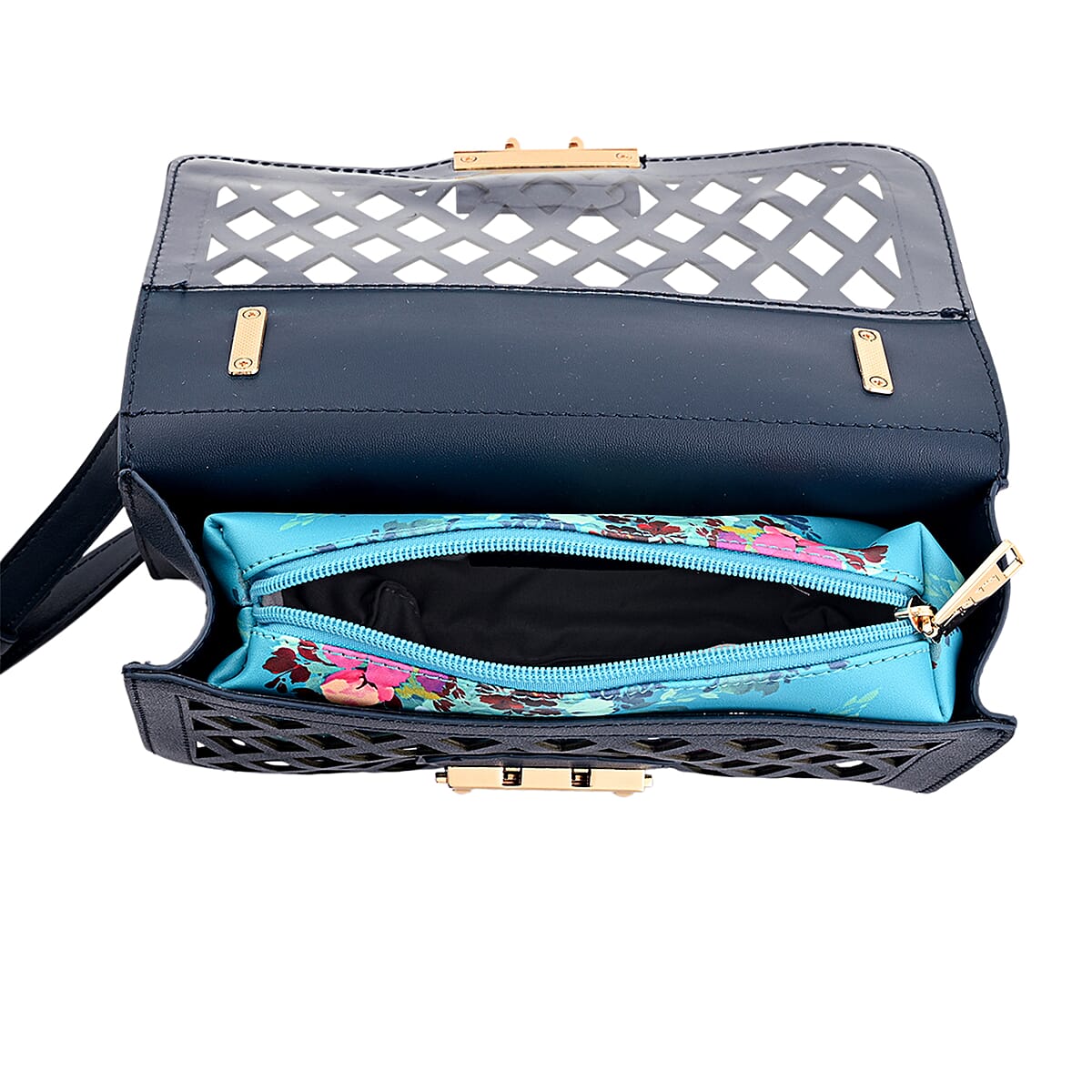 Closeout Nicole Miller Blue Faux Leather Crosshatch Boxed Crossbody Bag image number 4