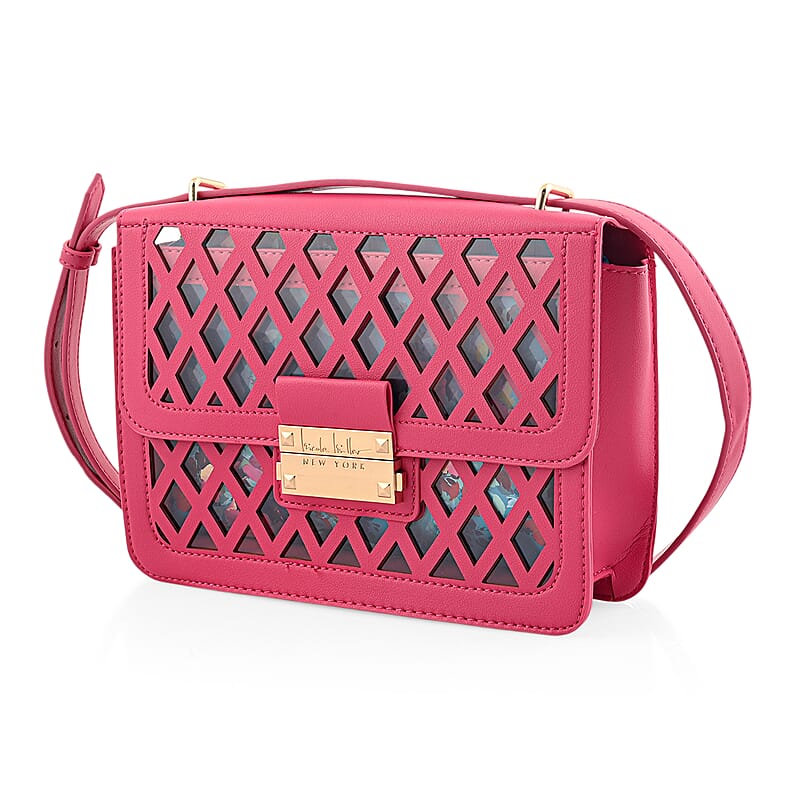Closeout Nicole Miller Coral Faux Leather Crosshatch Boxed Crossbody Bag