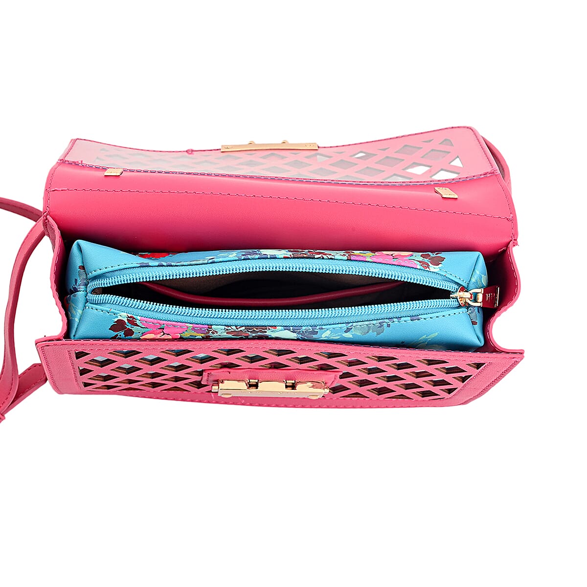 Closeout Nicole Miller Coral Faux Leather Crosshatch Boxed Crossbody Bag image number 4