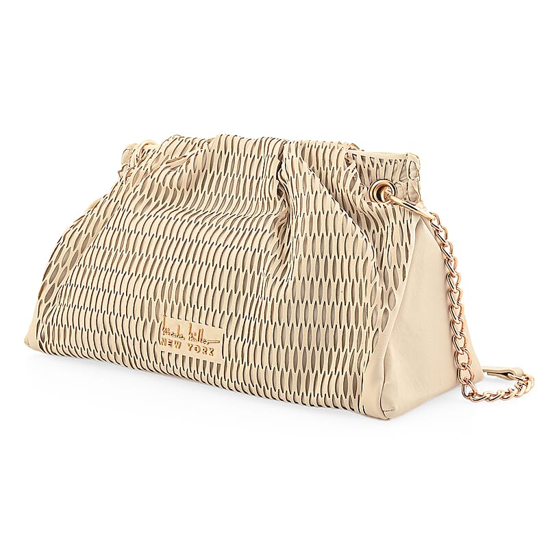 Closeout Nicole Miller Cream Faux Leather Lazer Cut Shoulder Bag