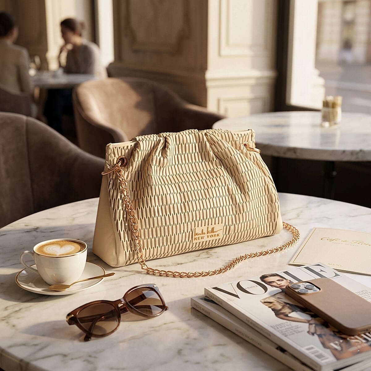 Closeout Nicole Miller Cream Faux Leather Lazer Cut Shoulder Bag image number 1