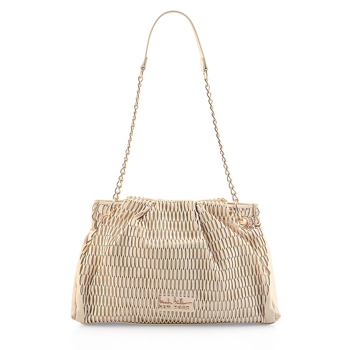 Closeout Nicole Miller Cream Faux Leather Lazer Cut Shoulder Bag image number 5