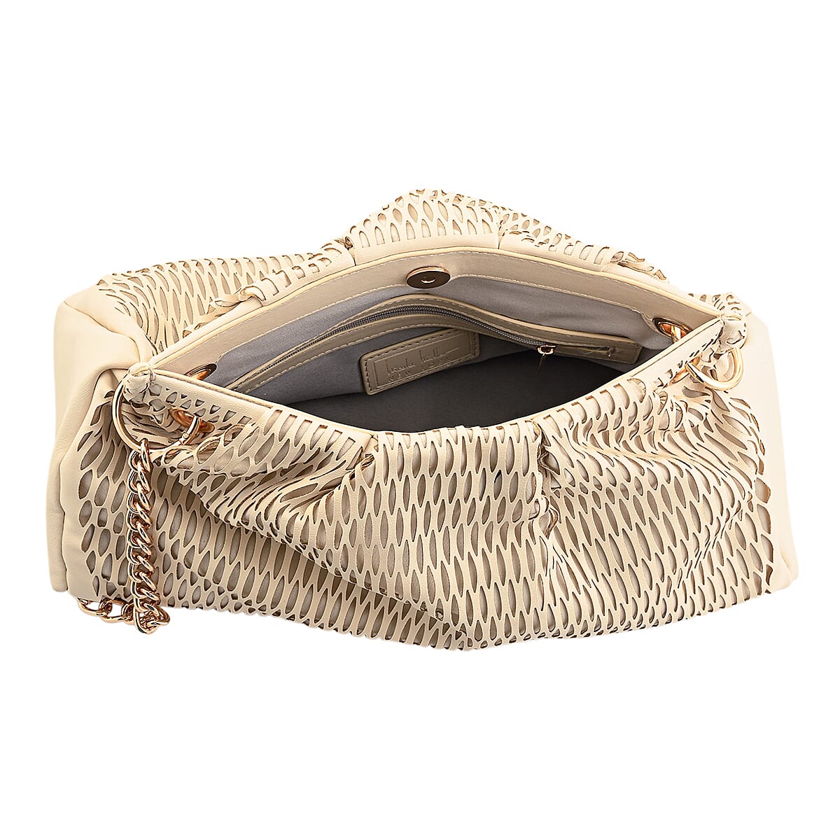 Closeout Nicole Miller Cream Faux Leather Lazer Cut Shoulder Bag image number 6