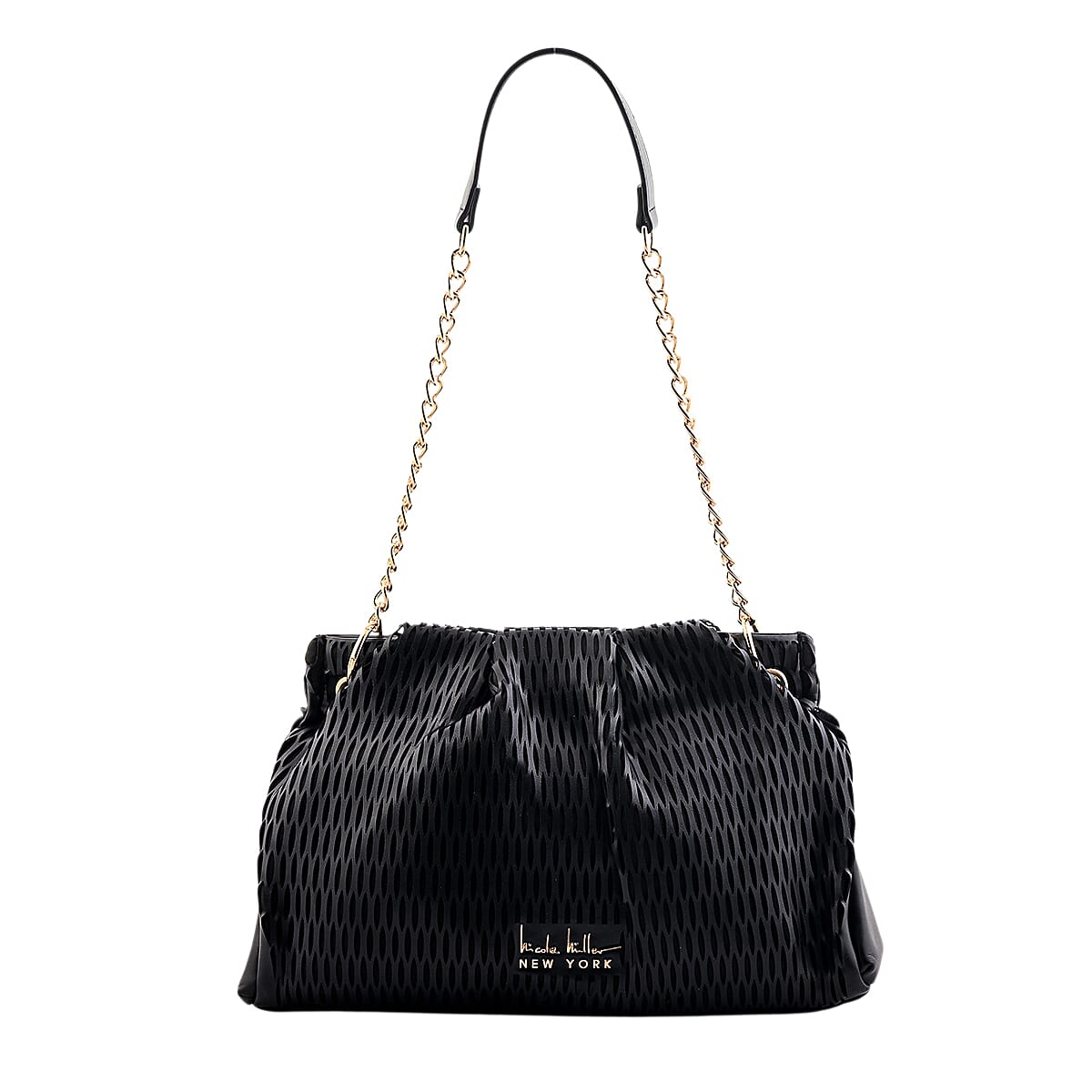 Closeout Nicole Miller Black Faux Leather Lazer Cut Shoulder Bag image number 5