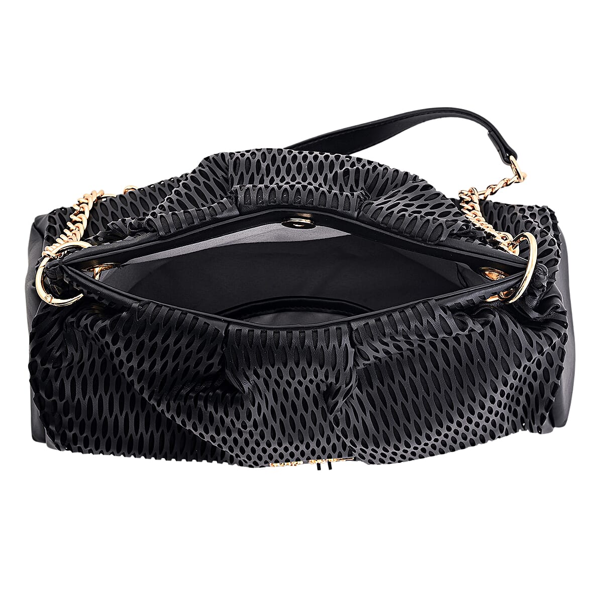 Closeout Nicole Miller Black Faux Leather Lazer Cut Shoulder Bag image number 6