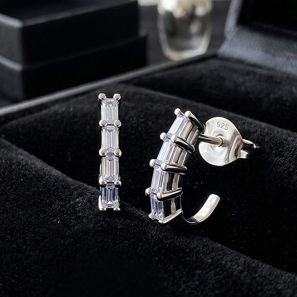 Luxuriant Lab Grown Diamond (VS) 0.15 ctw Baguette Matrix Hoop Earrings in Platinum Over Sterling Silver