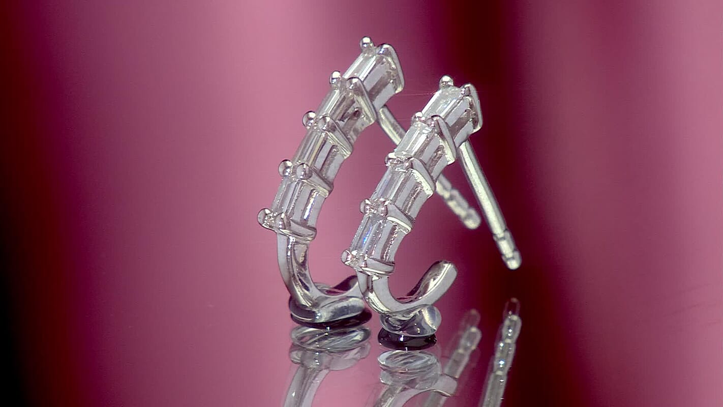 Luxuriant Lab Grown Diamond (VS) Baguette Matrix Hoop Earrings in Platinum Over Sterling Silver 0.15 ctw
